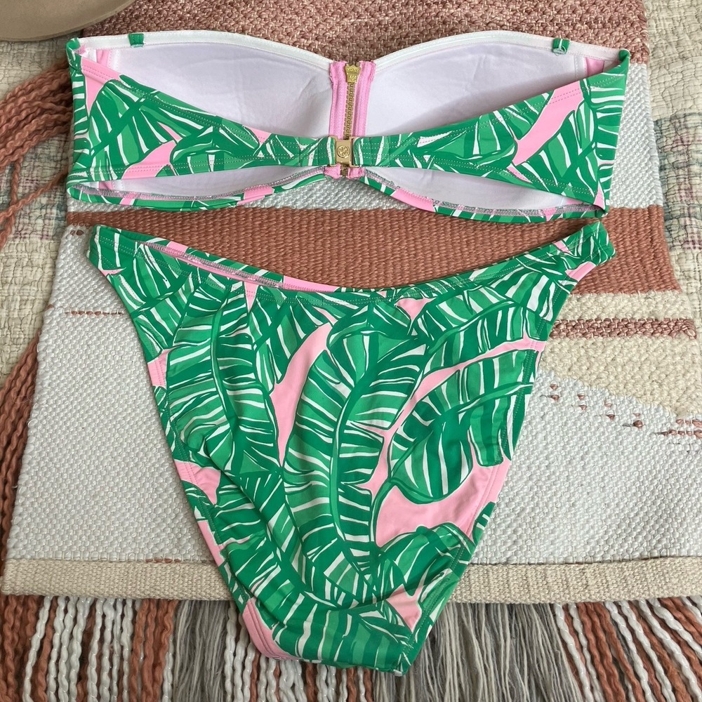 Lilly Pulitzer Genya Bandeau Bikini Set Top Size 14 & Bottom Size 12 Green Pink - Picture 4 of 8